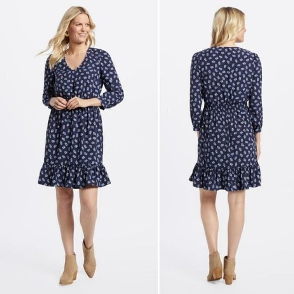 Draper James Navy Floral Peasant Ruffle Hem Dress Women's Size XL